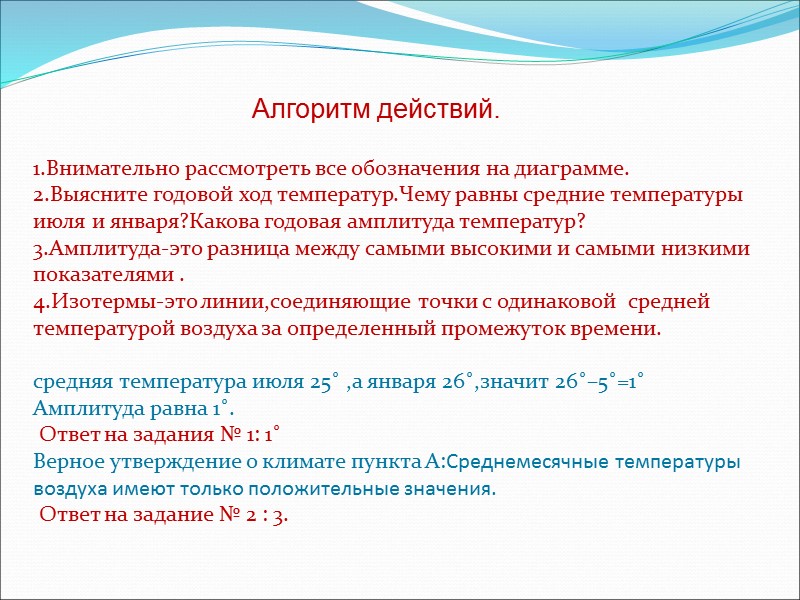 1.Внимательно рассмотреть все обозначения на диаграмме. 2.Выясните годовой ход температур.Чему равны средние температуры июля